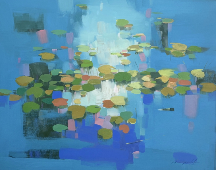 Cobalt Pond, Original oil Painting, Handmade artwork, One of a Kind              